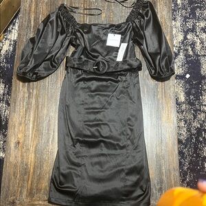 NWT Elegant Black Satin Long Sleeve Dress